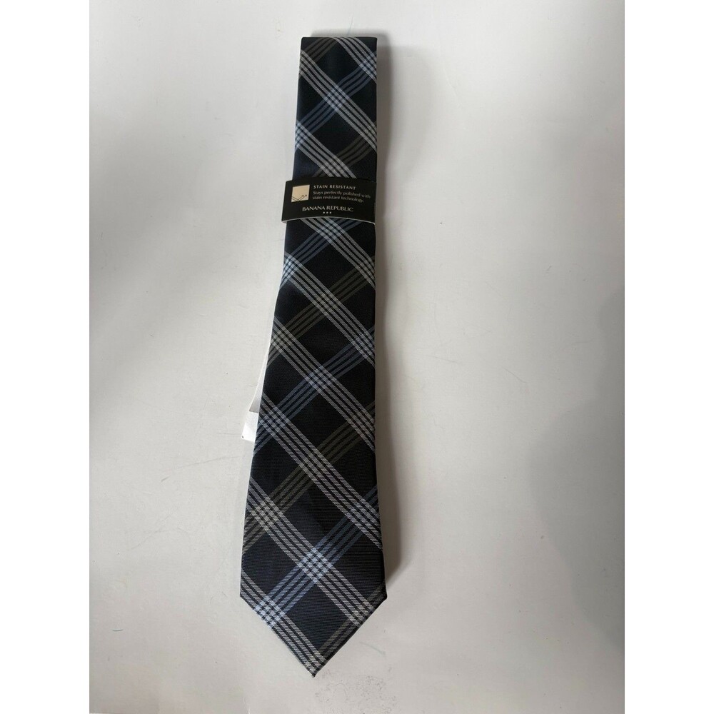 Banana Republic Mens Plaid Tie NWT Black Blue Gray Stain Resistant $44.99